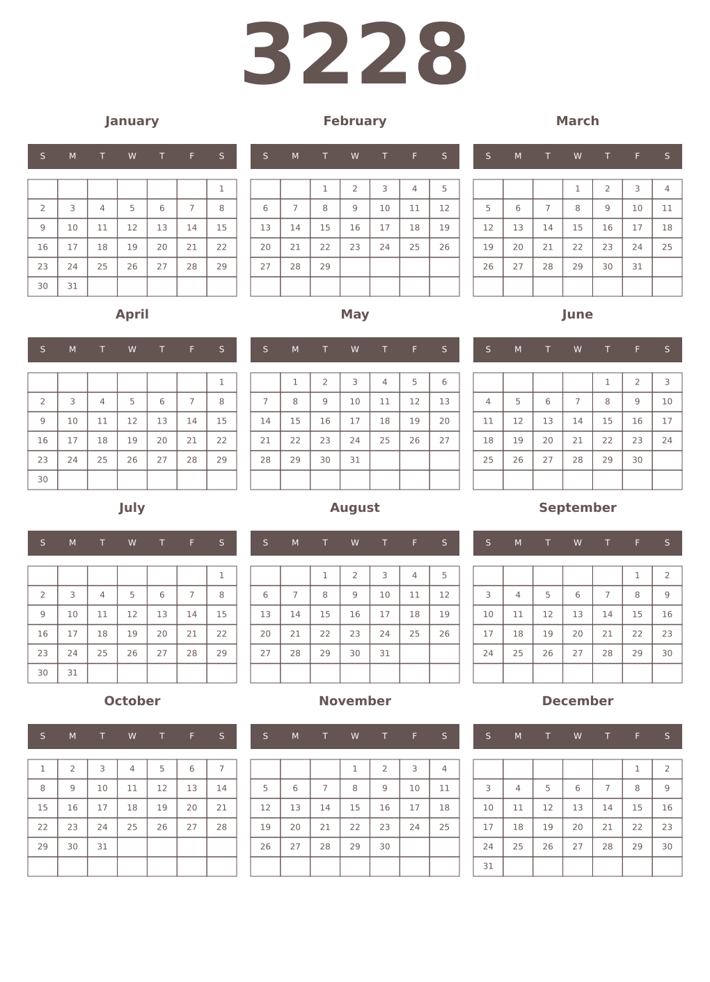 Printable 3228 Year Calendars wenge