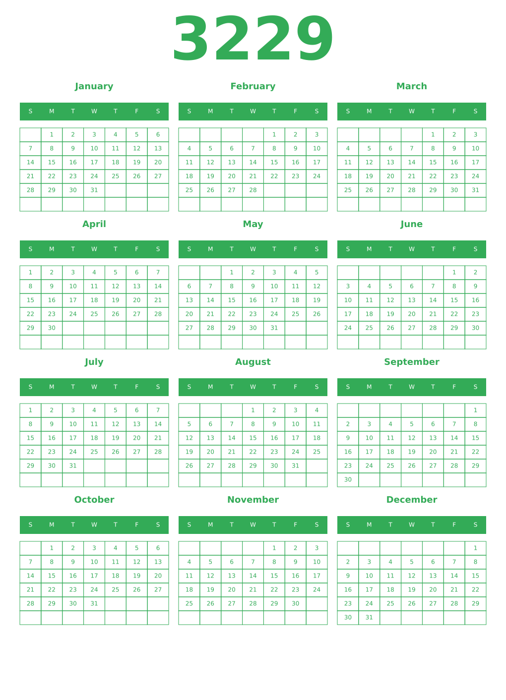 Printable 3229 Year Calendars green