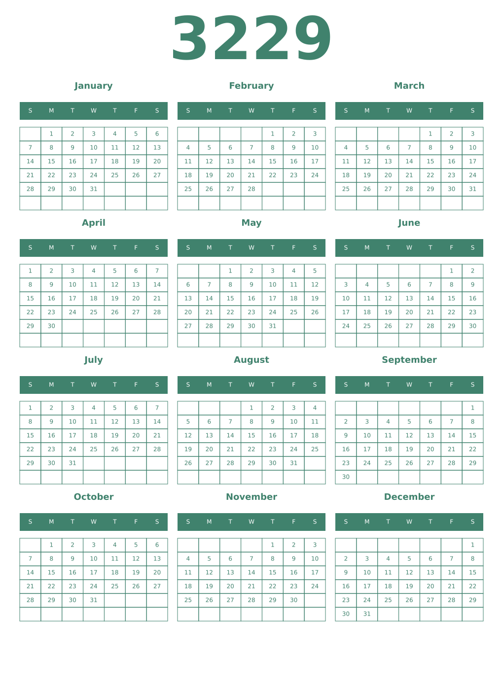 Printable 3229 Year Calendars viridian