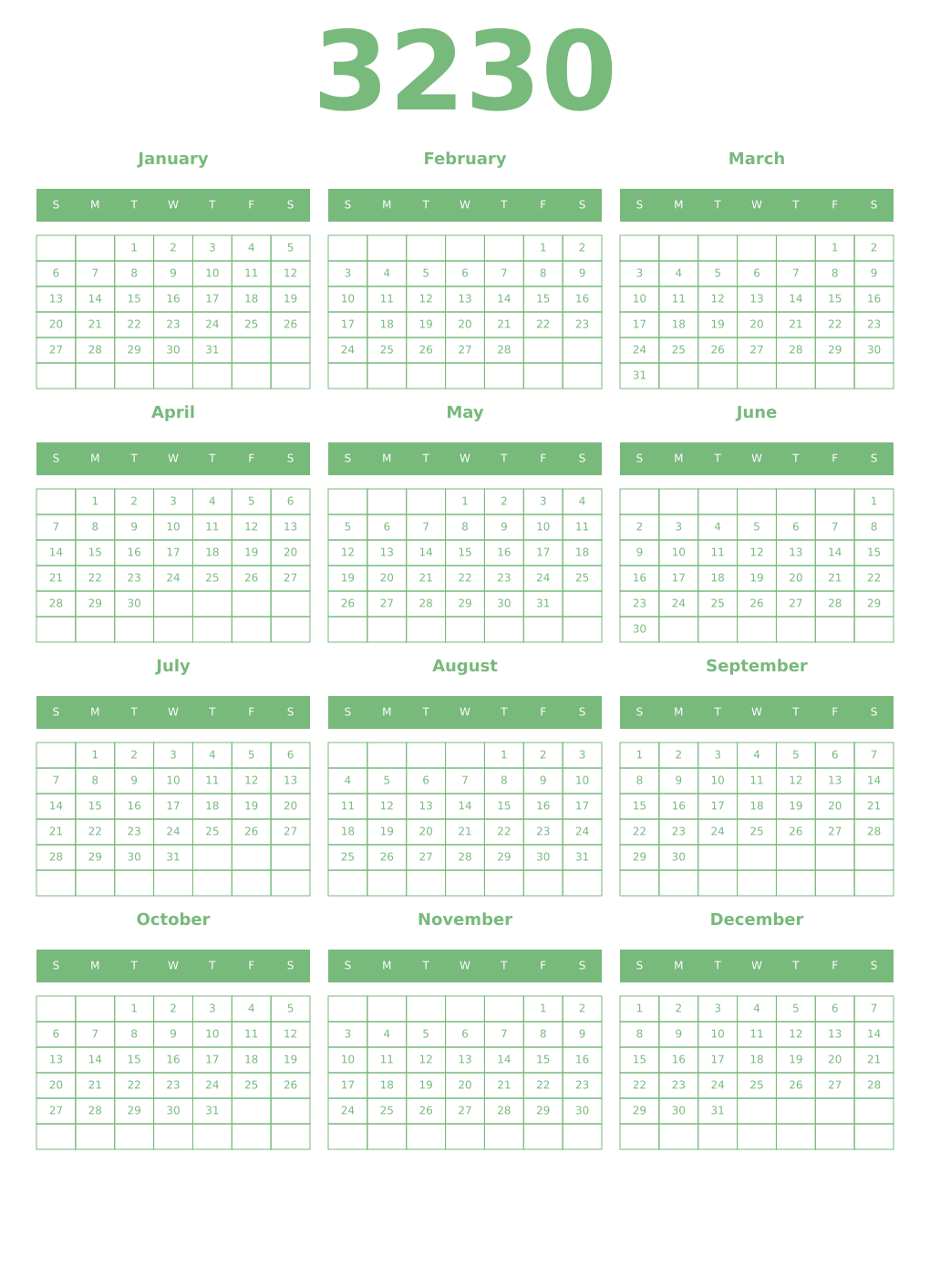 Printable 3230 Year Calendars celadon