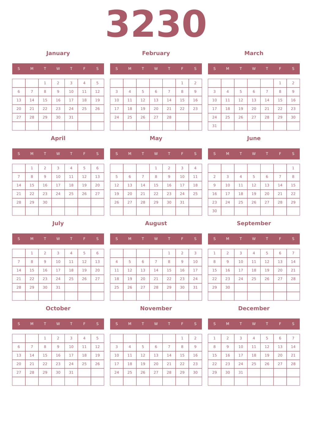 Printable 3230 Year Calendars puce