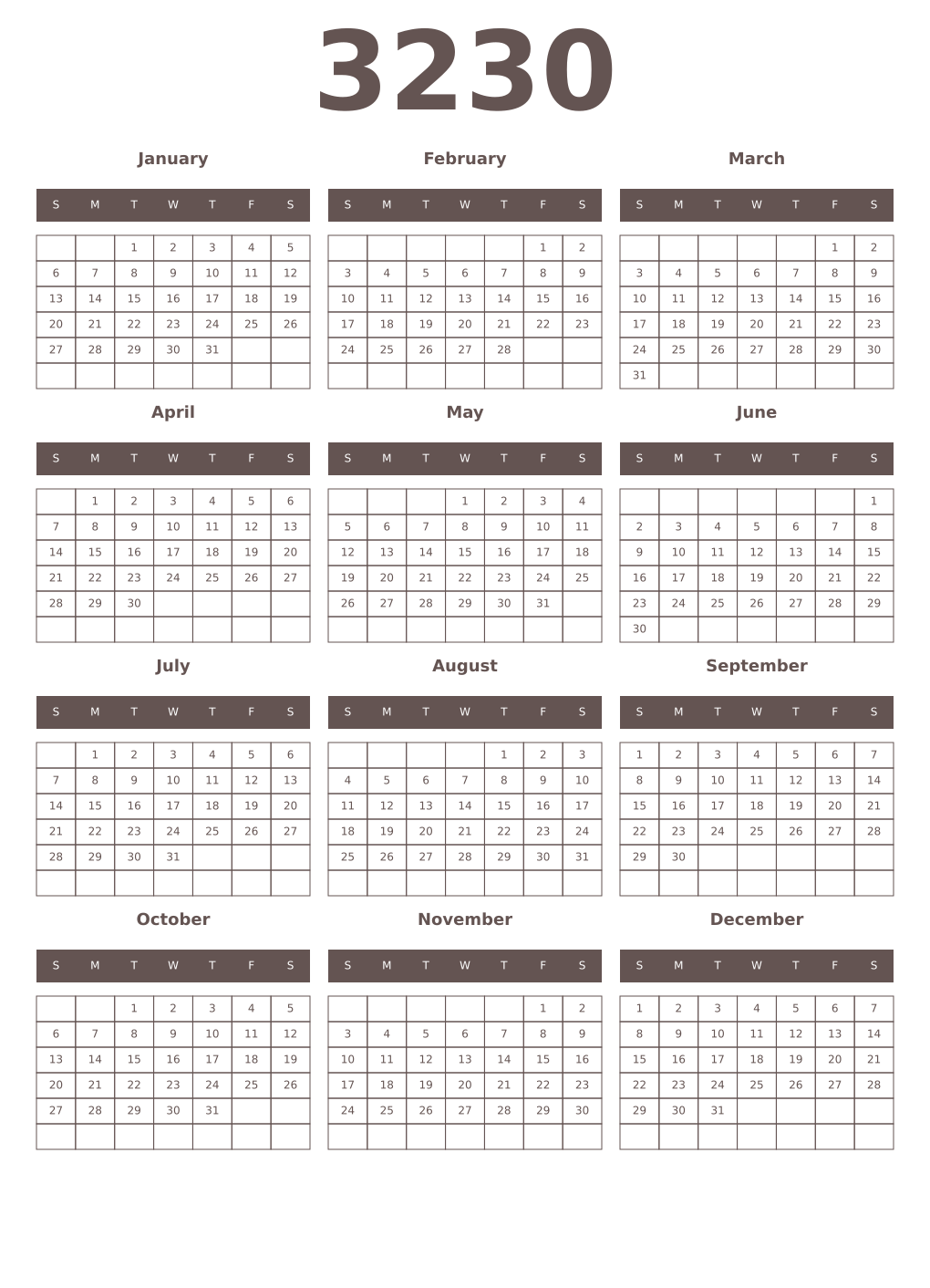 Printable 3230 Year Calendars wenge