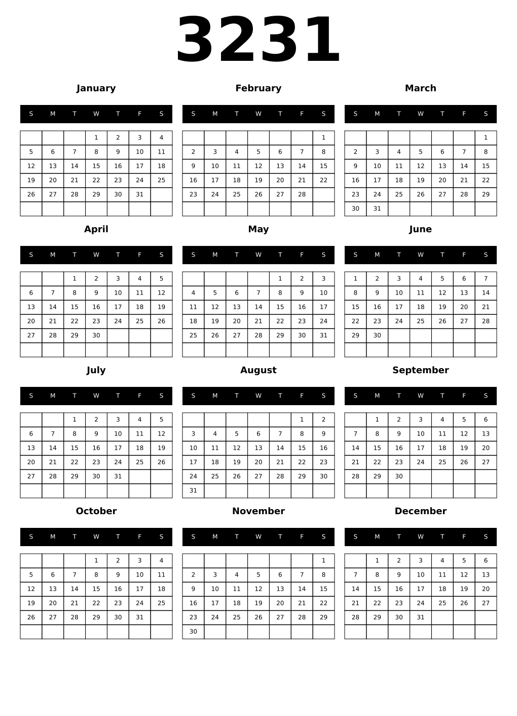Printable 3231 Year Calendars black