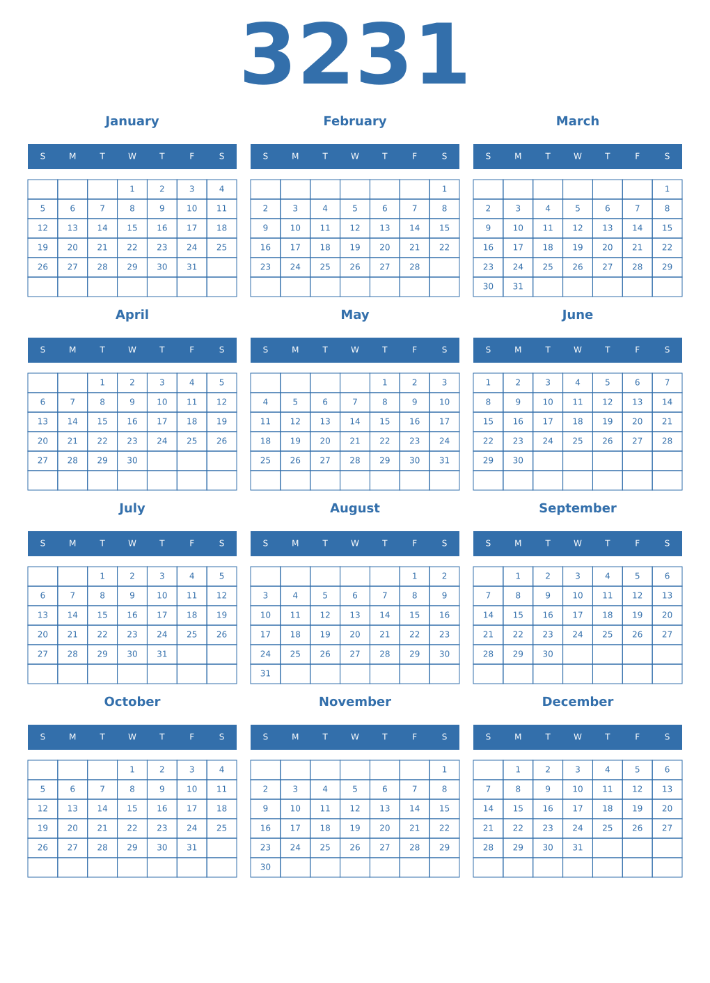 Printable 3231 Year Calendars blue