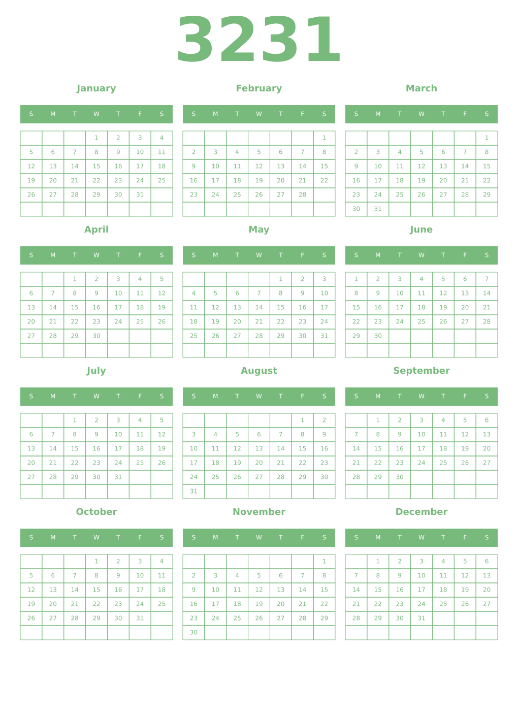 Printable 3231 Year Calendars celadon