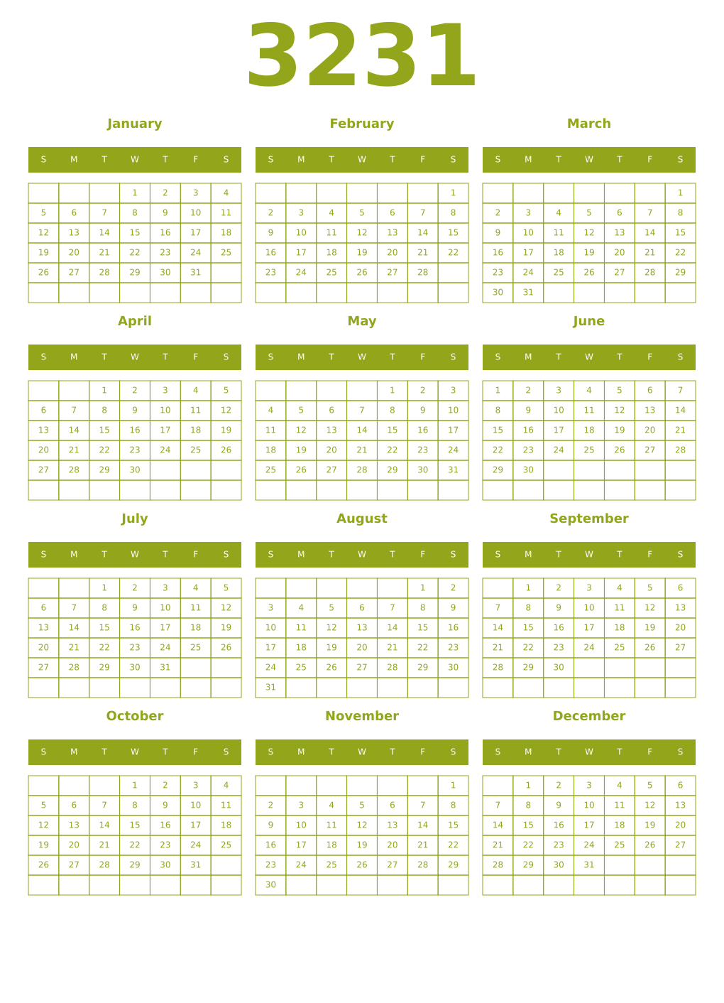 Printable 3231 Year Calendars chartreuse