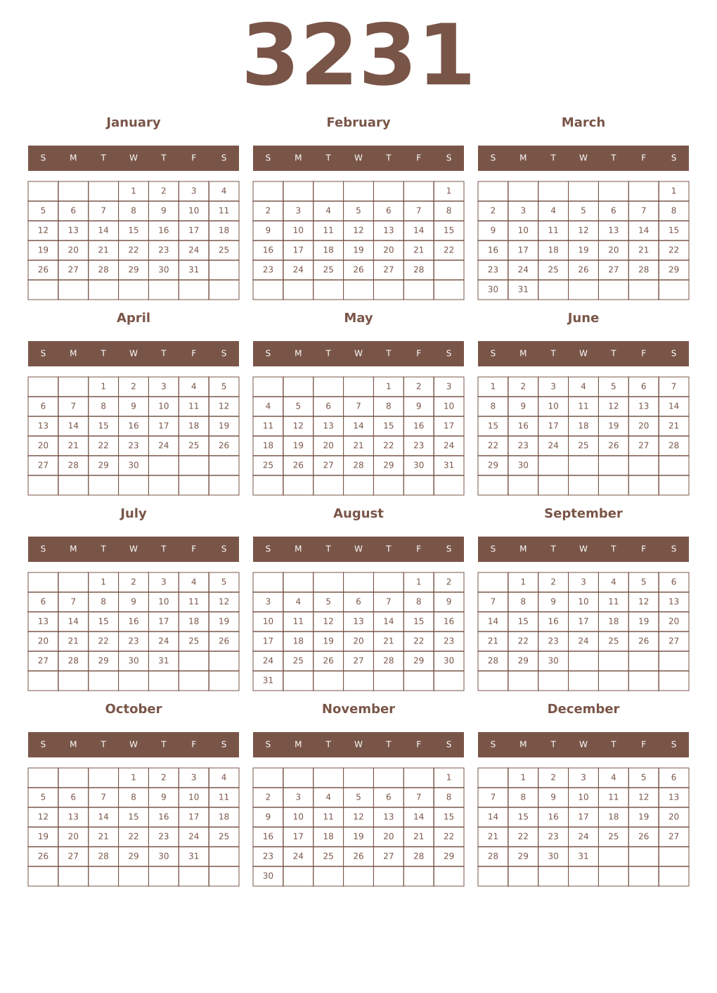 Printable 3231 Year Calendars coffe