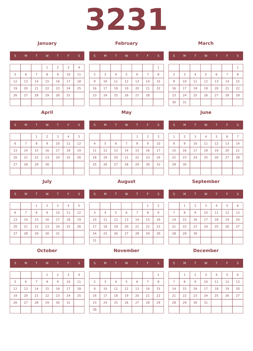 Printable 3231 Year Calendars cordovan