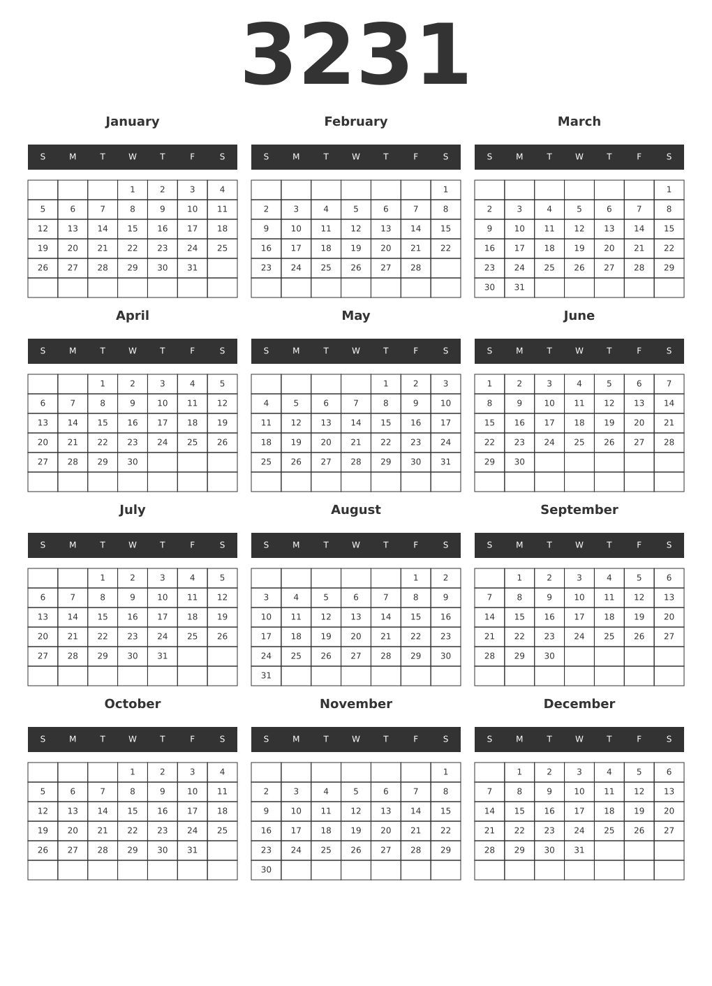 Printable 3231 Year Calendars dark
