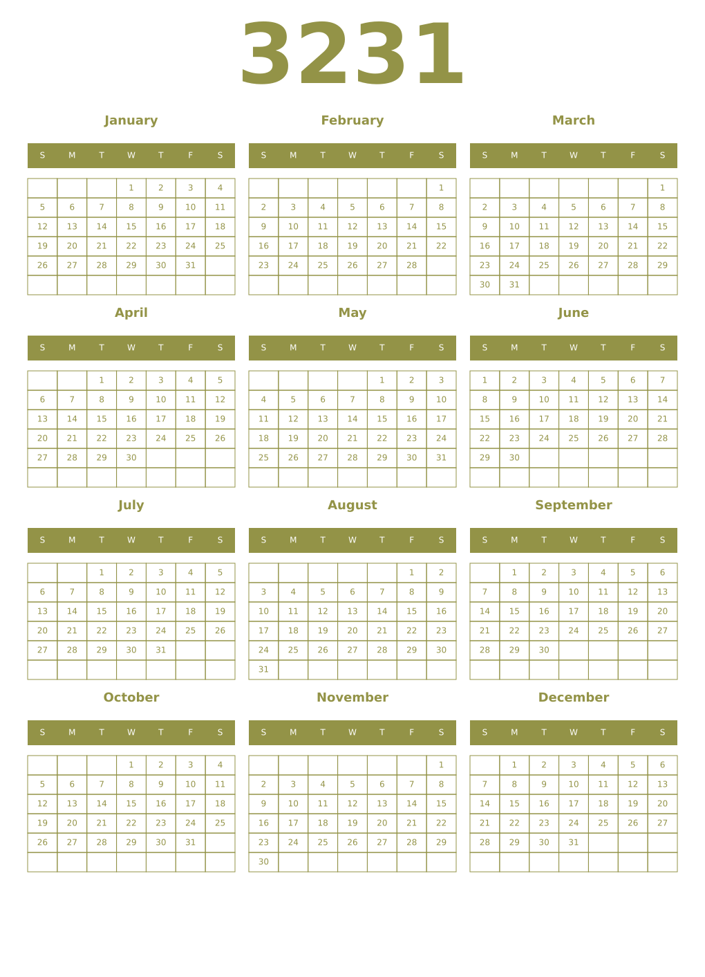 Printable 3231 Year Calendars eburnean