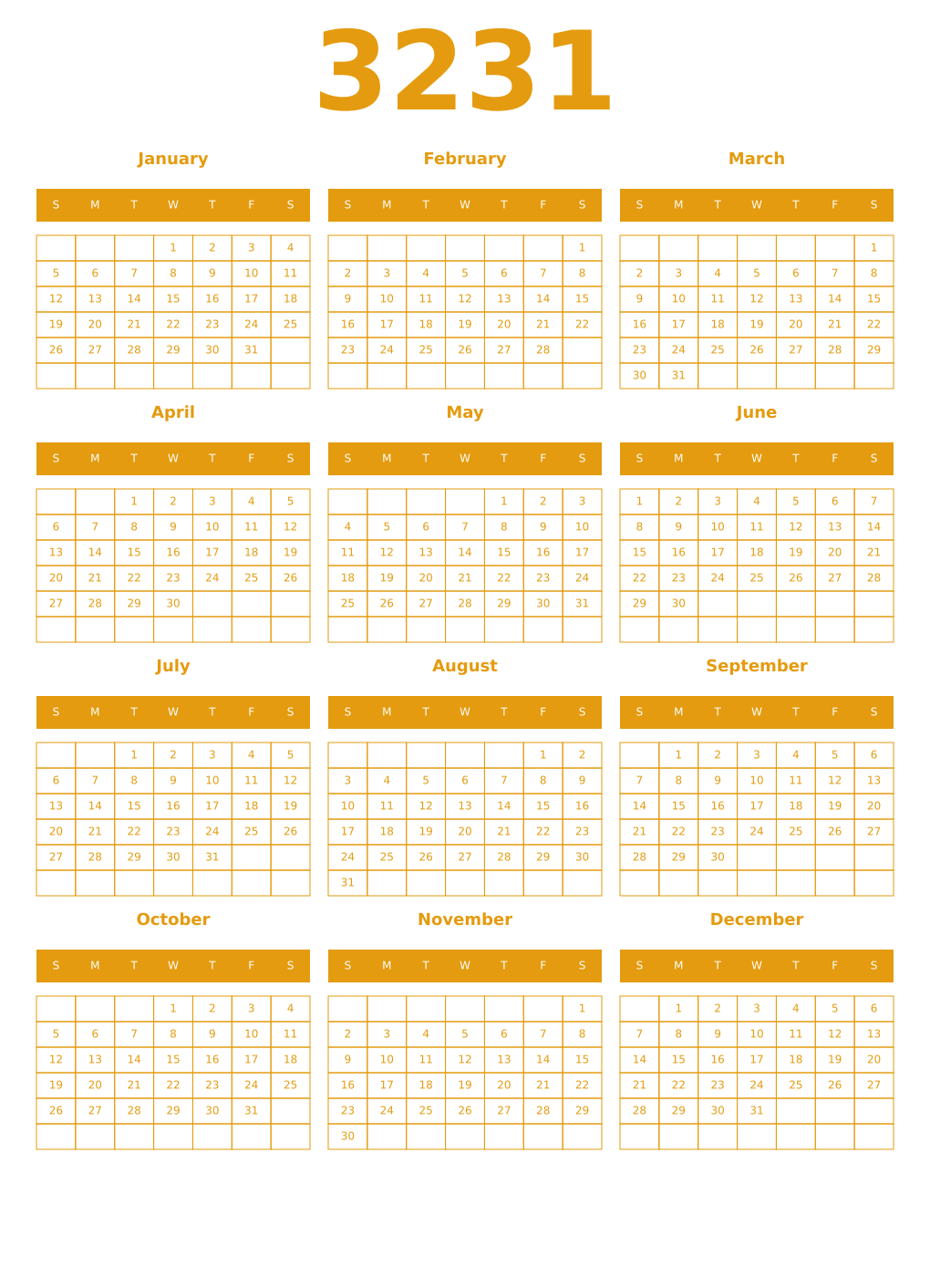 Printable 3231 Year Calendars gamboge