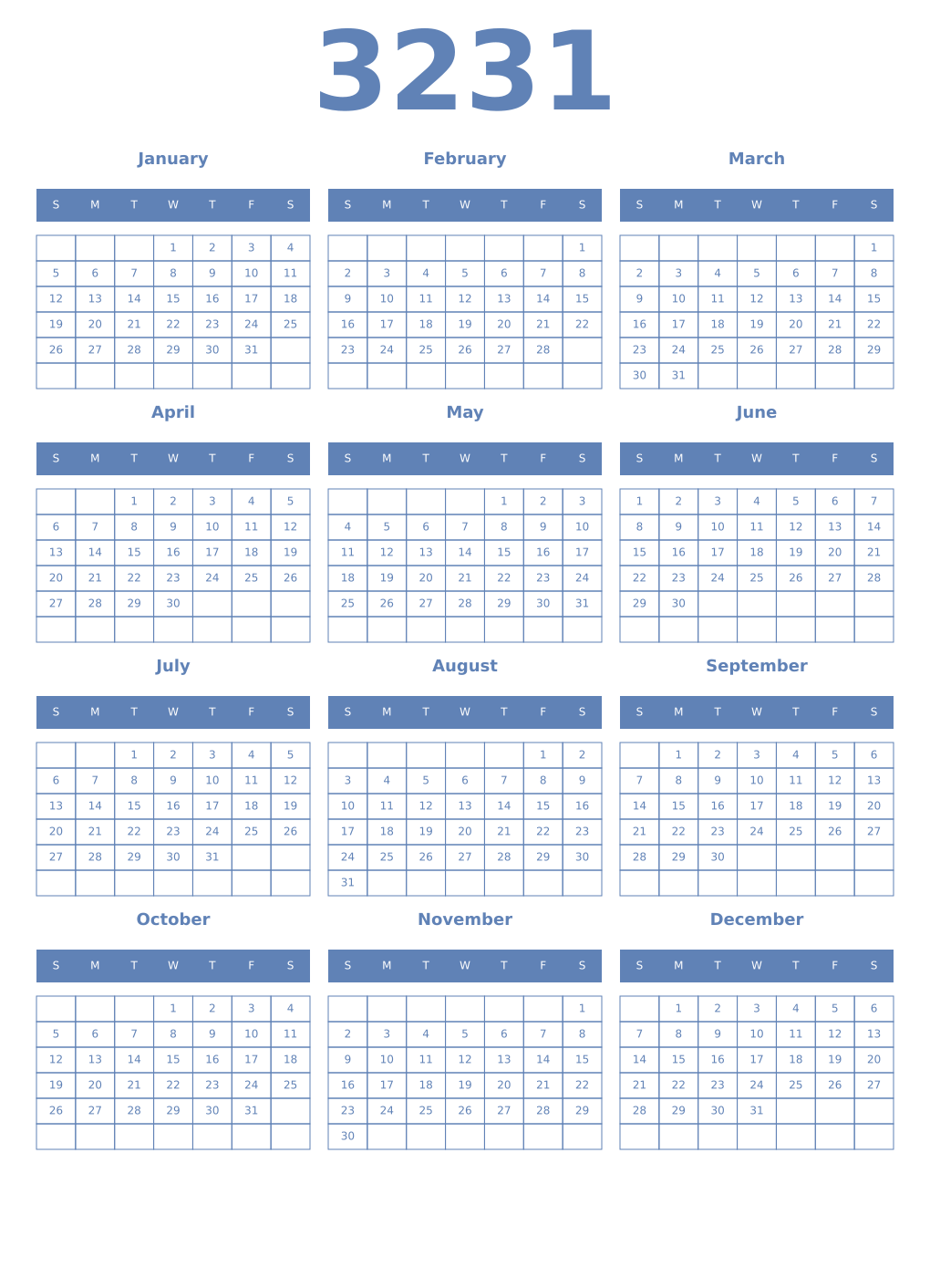 Printable 3231 Year Calendars glaucous