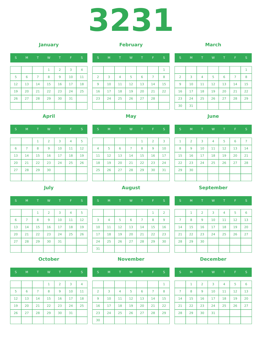 Printable 3231 Year Calendars green