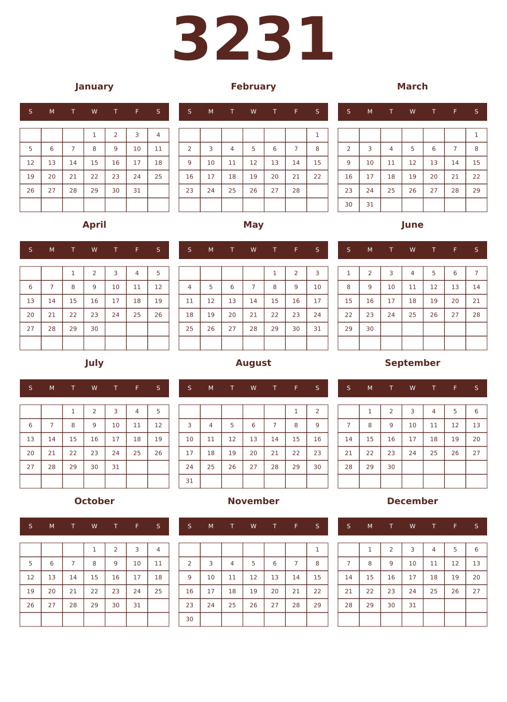 Printable 3231 Year Calendars mortuum
