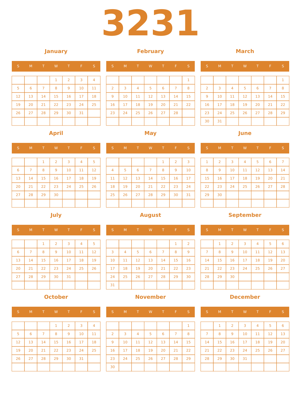 Printable 3231 Year Calendars orange