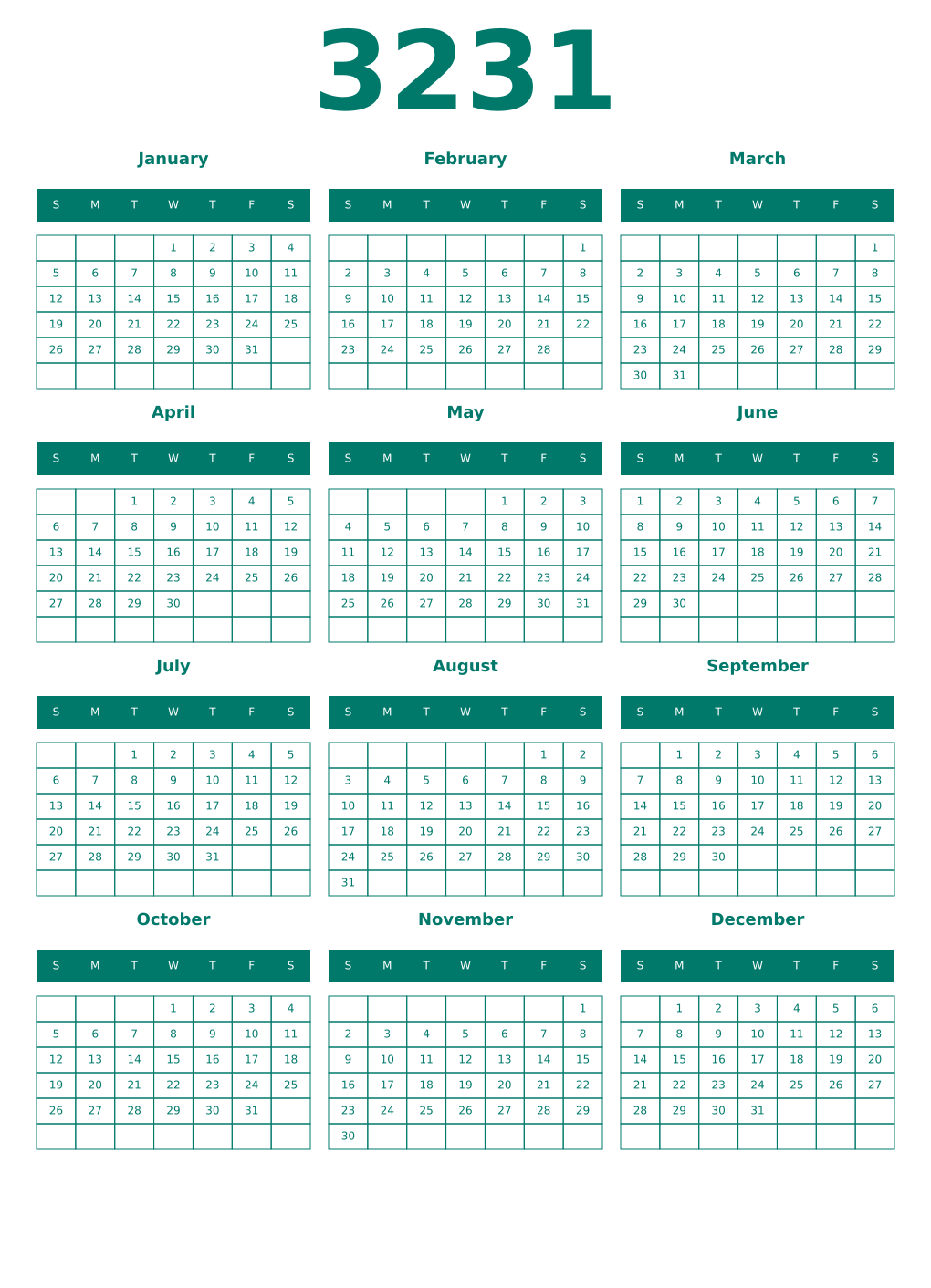Printable 3231 Year Calendars pastel