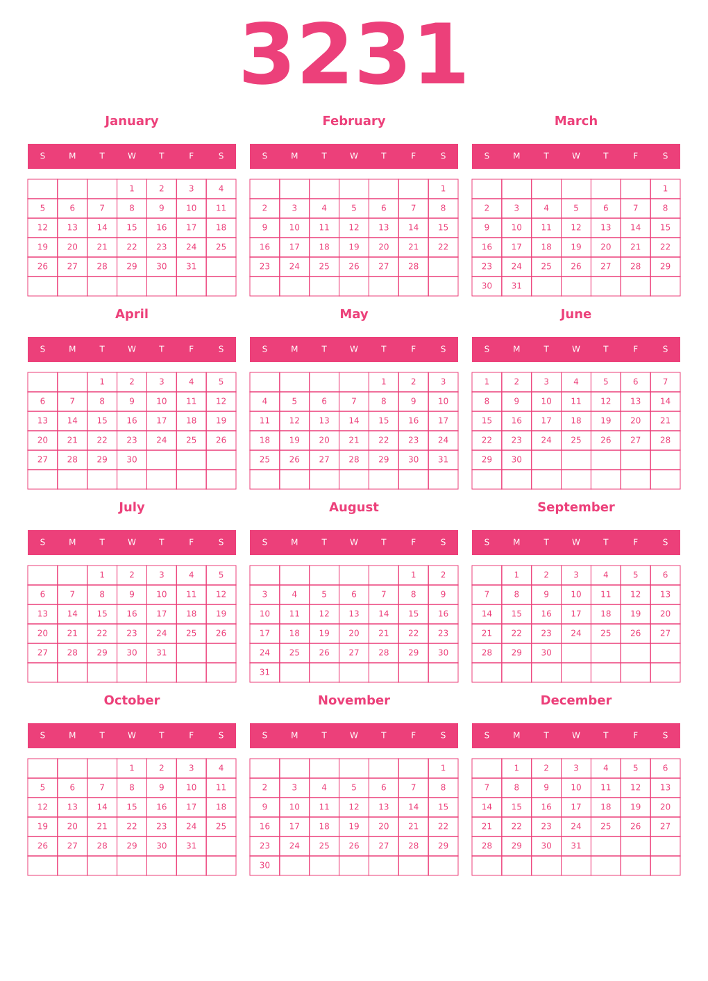 Printable 3231 Year Calendars pink