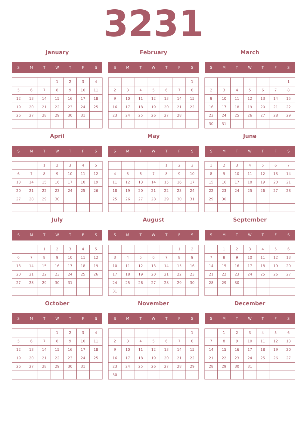 Printable 3231 Year Calendars puce