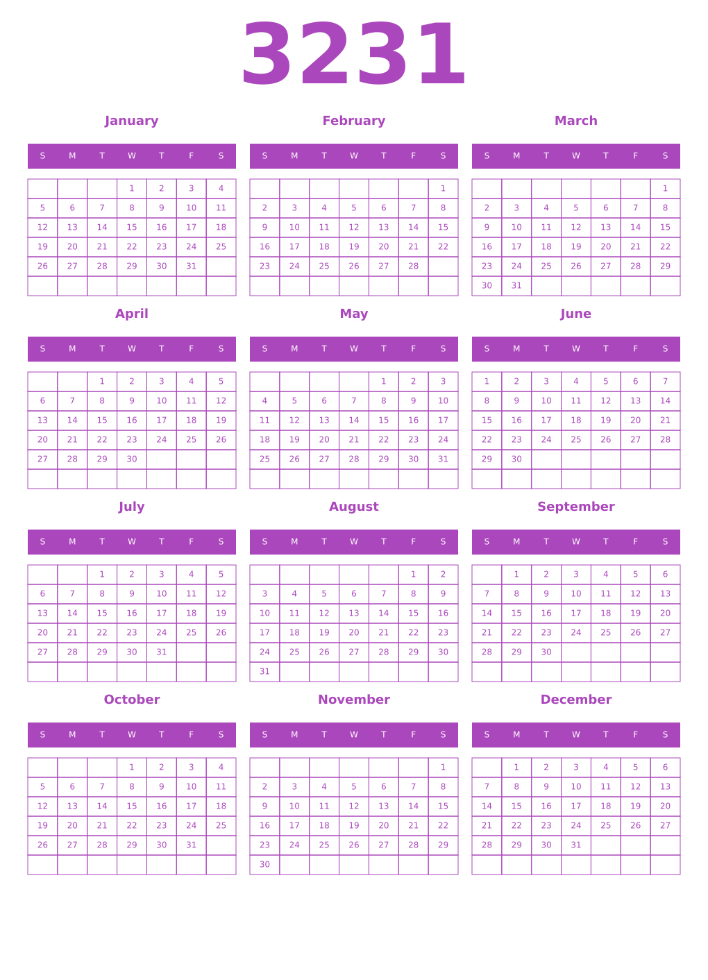 Printable 3231 Year Calendars purple