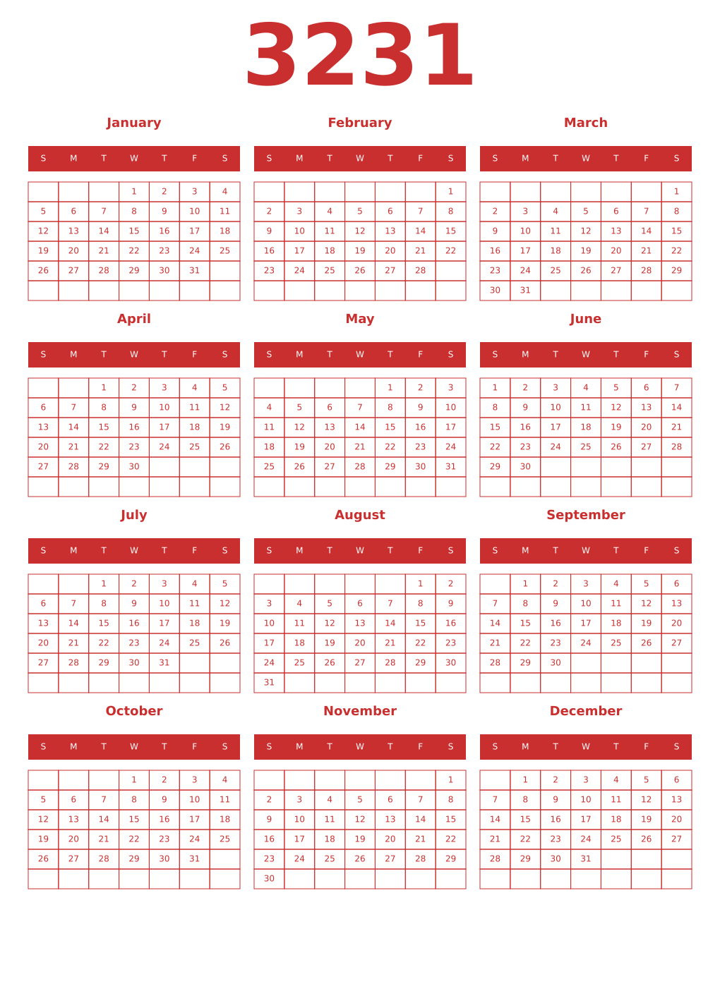 Printable 3231 Year Calendars red