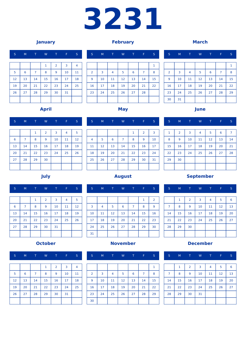 Printable 3231 Year Calendars smalt