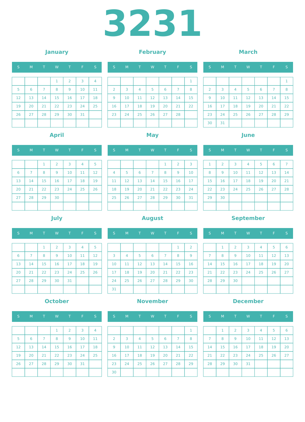 Printable 3231 Year Calendars verdigris