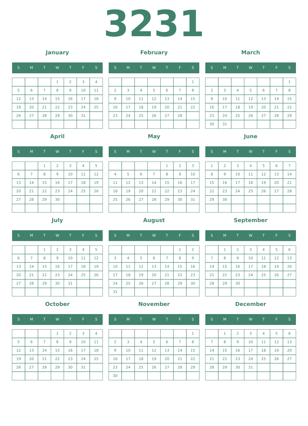 Printable 3231 Year Calendars viridian