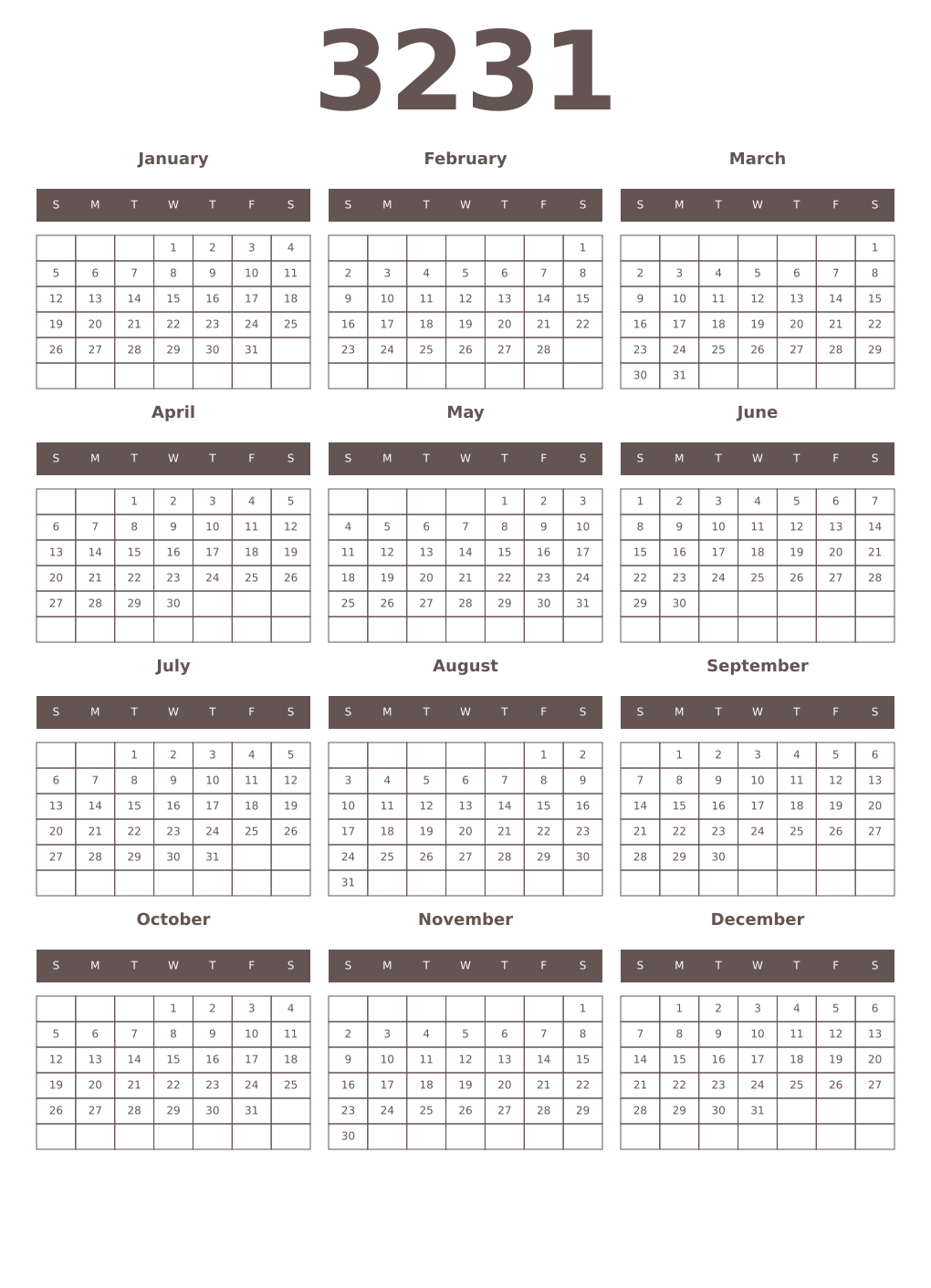 Printable 3231 Year Calendars wenge
