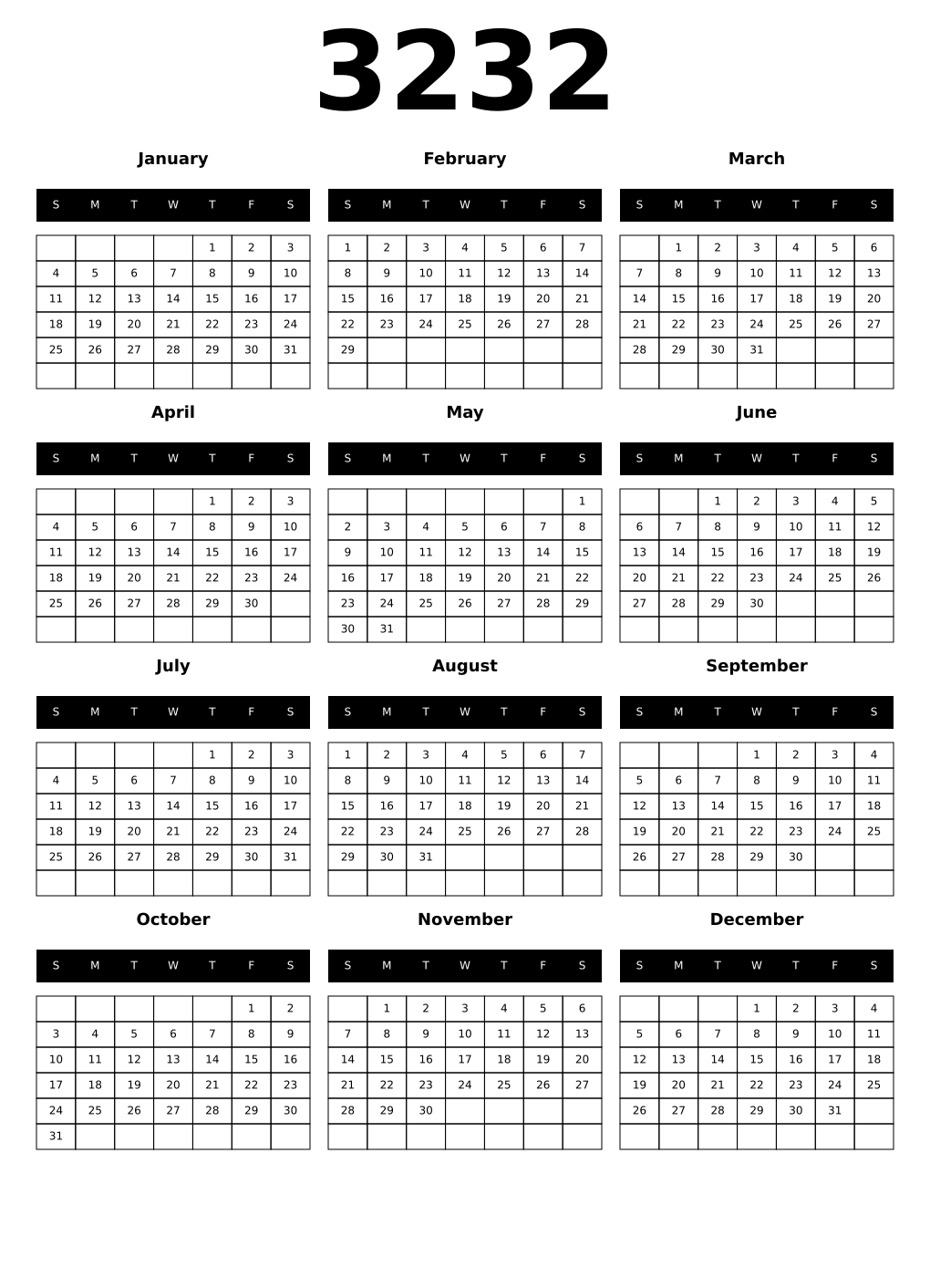 Printable 3232 Year Calendars black