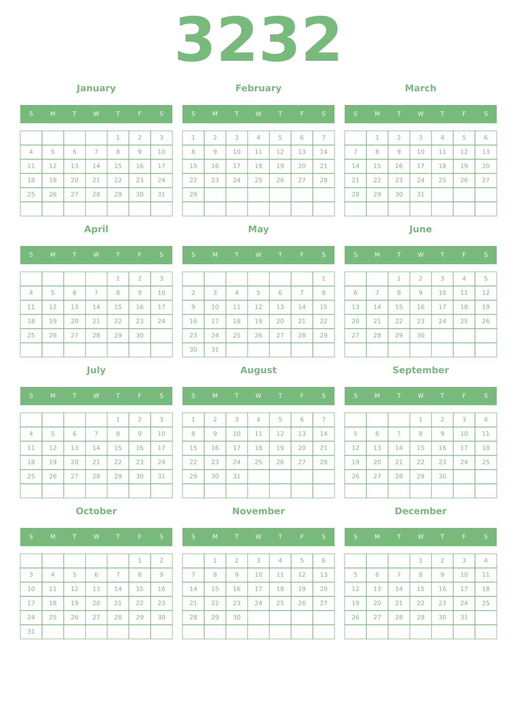 Printable 3232 Year Calendars celadon