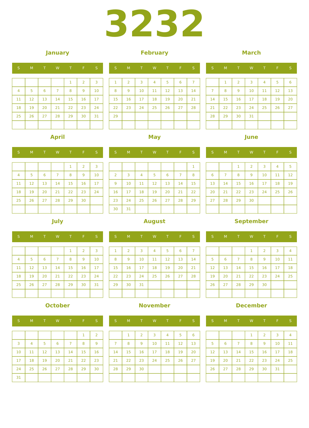 Printable 3232 Year Calendars chartreuse