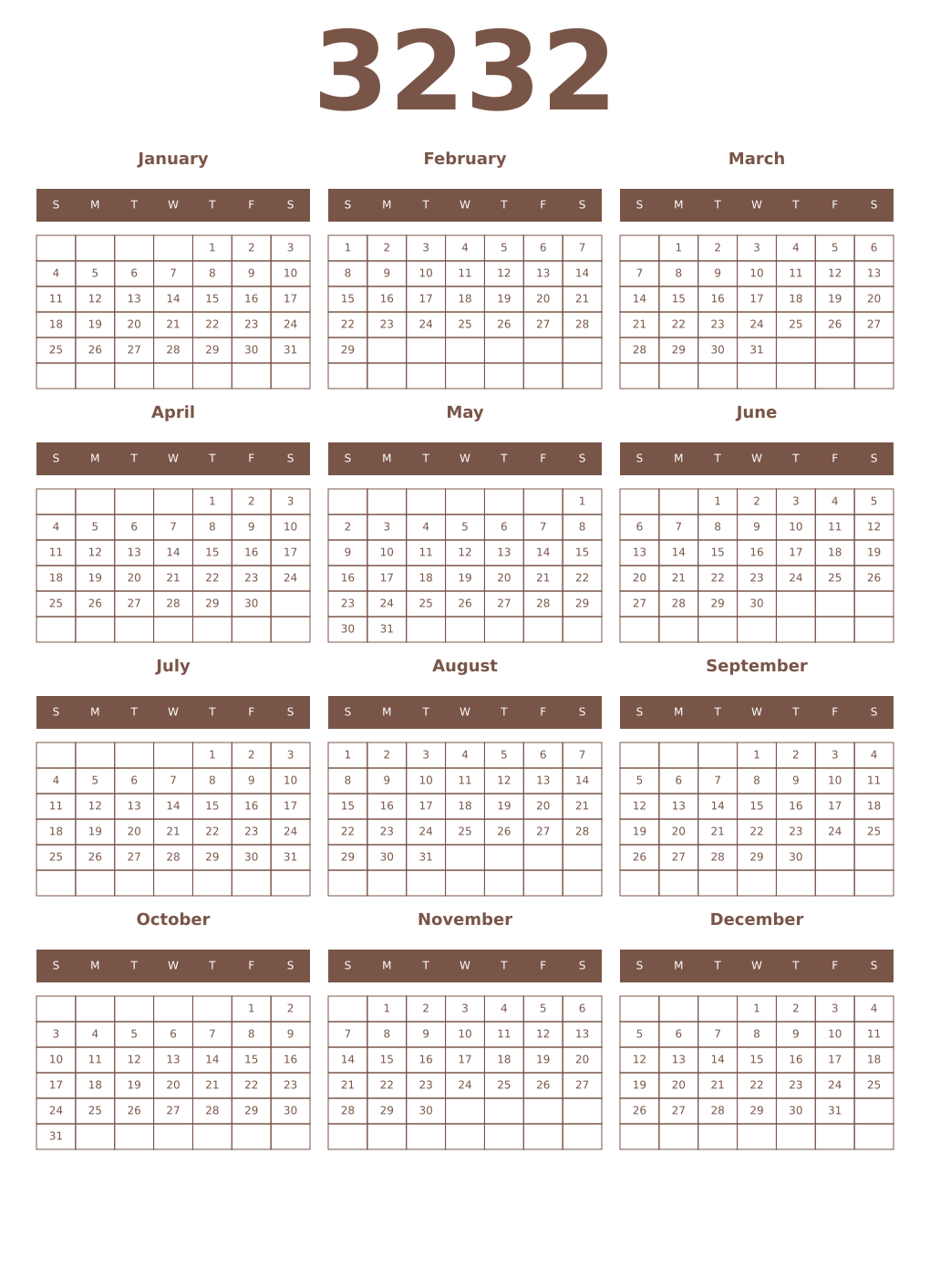 Printable 3232 Year Calendars coffe
