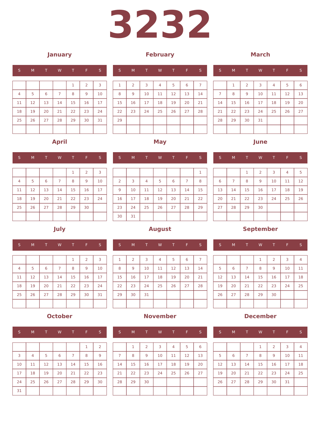 Printable 3232 Year Calendars cordovan