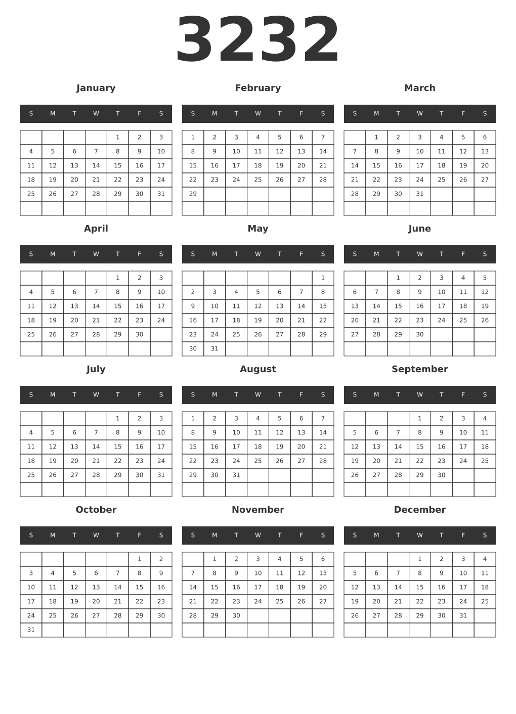 Printable 3232 Year Calendars dark