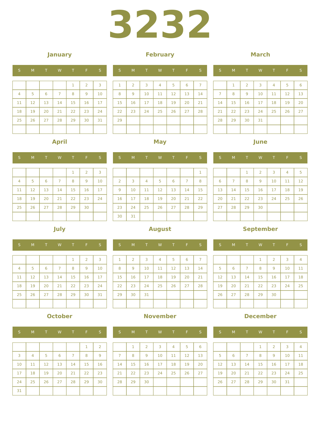 Printable 3232 Year Calendars eburnean