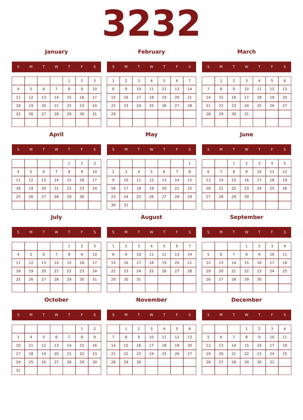 Printable 3232 Year Calendars falu