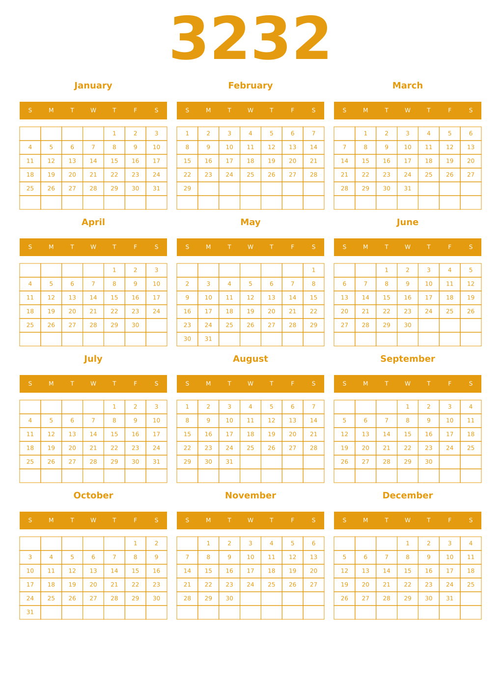 Printable 3232 Year Calendars gamboge