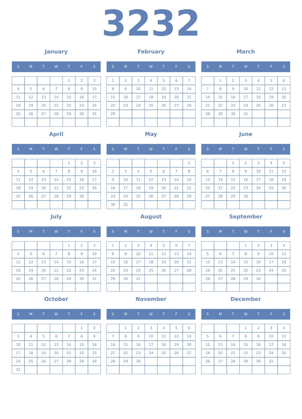 Printable 3232 Year Calendars glaucous