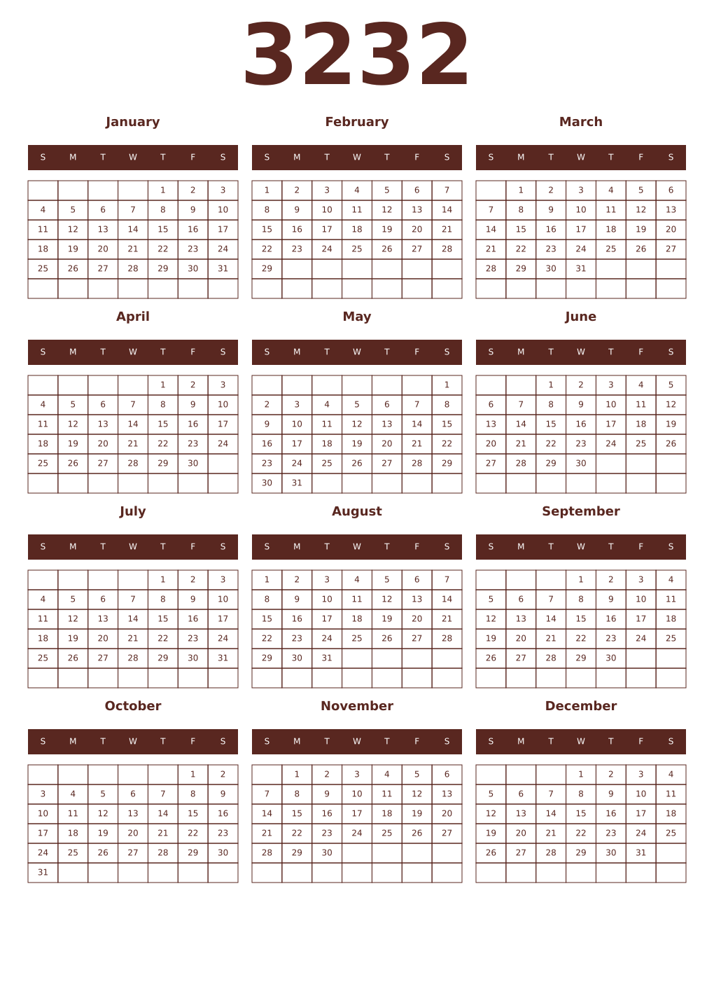 Printable 3232 Year Calendars mortuum