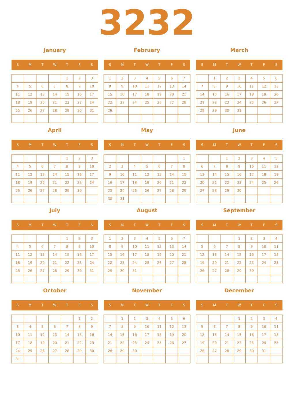 Printable 3232 Year Calendars orange