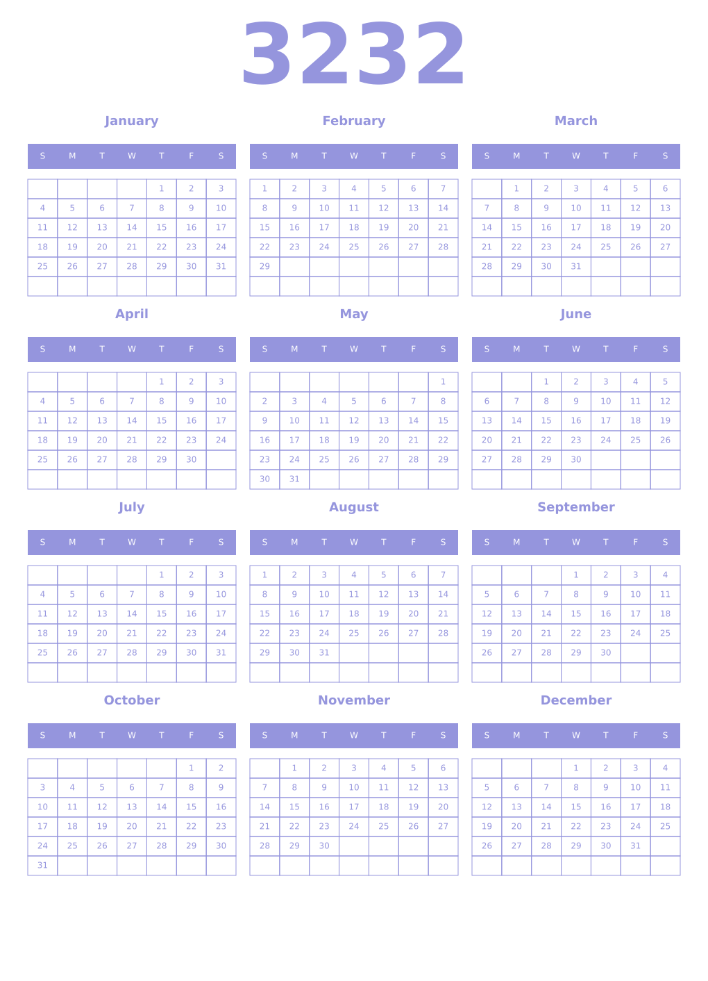 Printable 3232 Year Calendars periwinkle