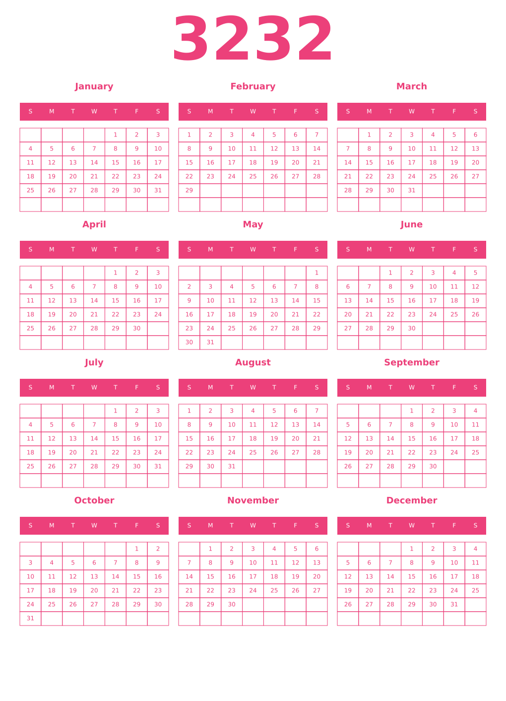 Printable 3232 Year Calendars pink