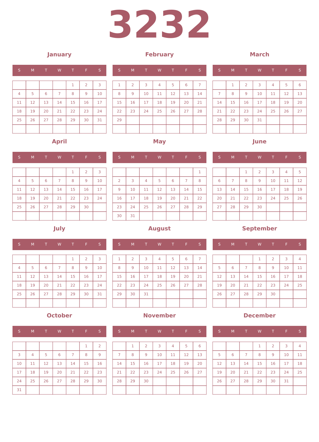 Printable 3232 Year Calendars puce