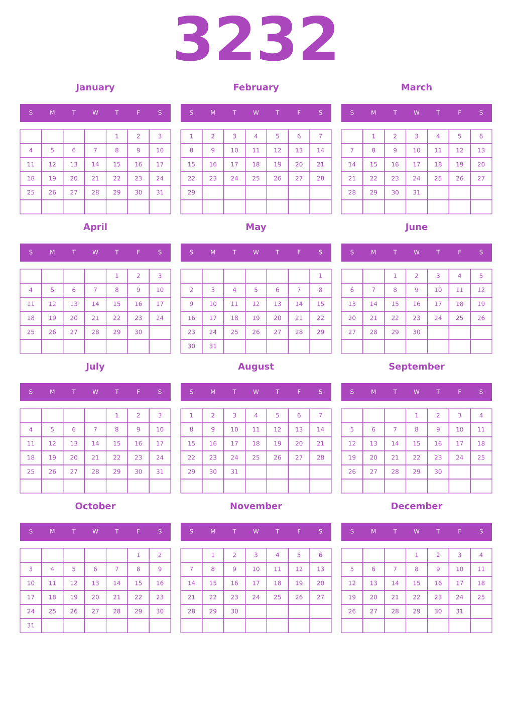 Printable 3232 Year Calendars purple