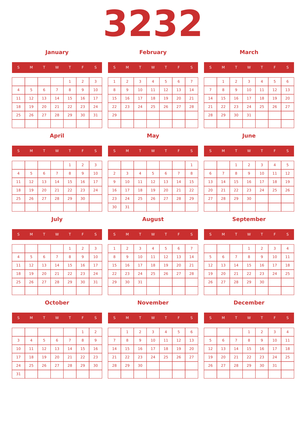 Printable 3232 Year Calendars red
