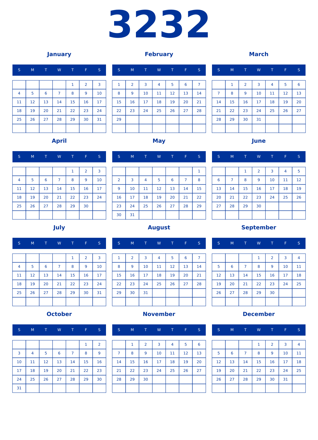 Printable 3232 Year Calendars smalt