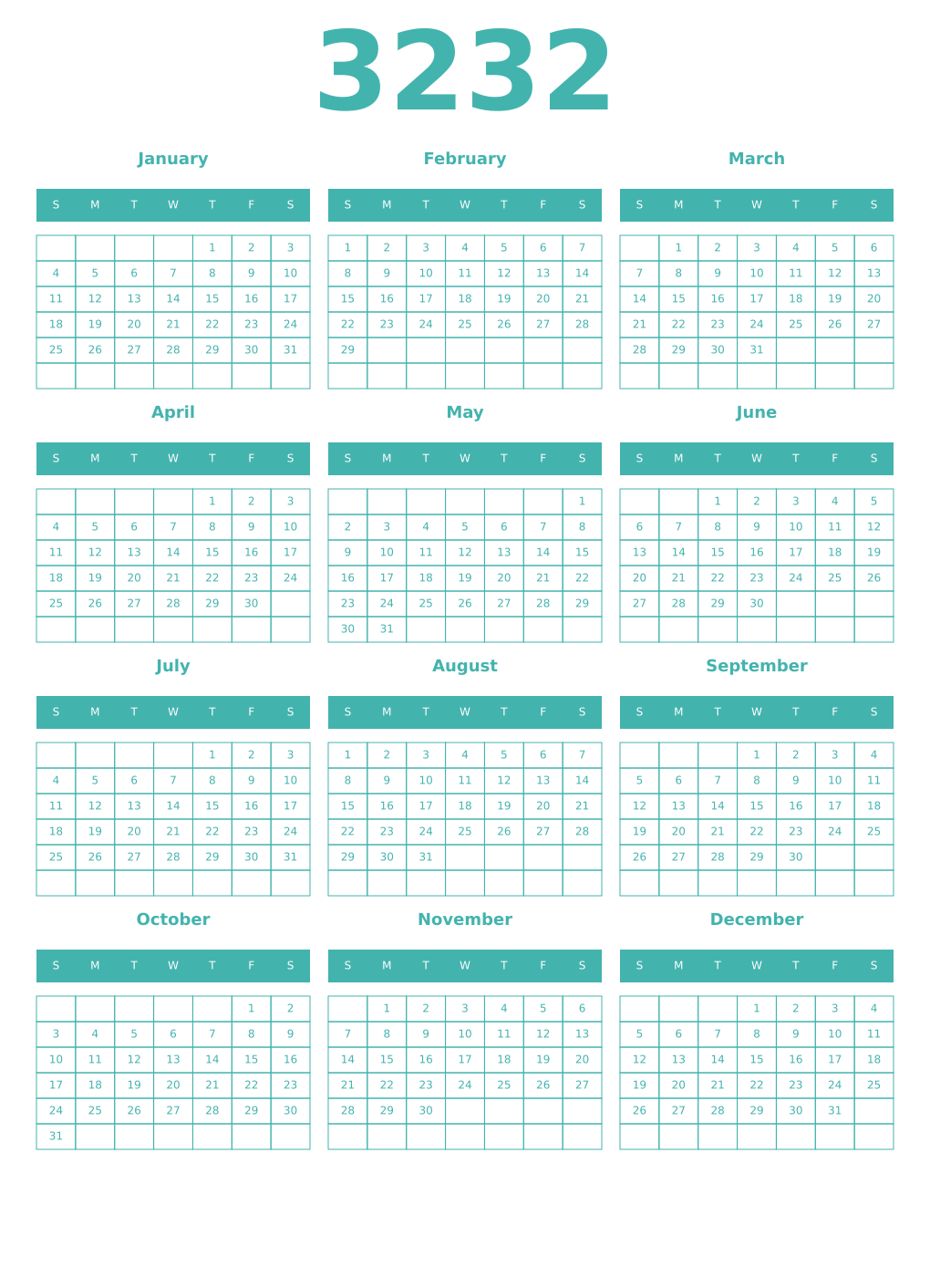 Printable 3232 Year Calendars verdigris