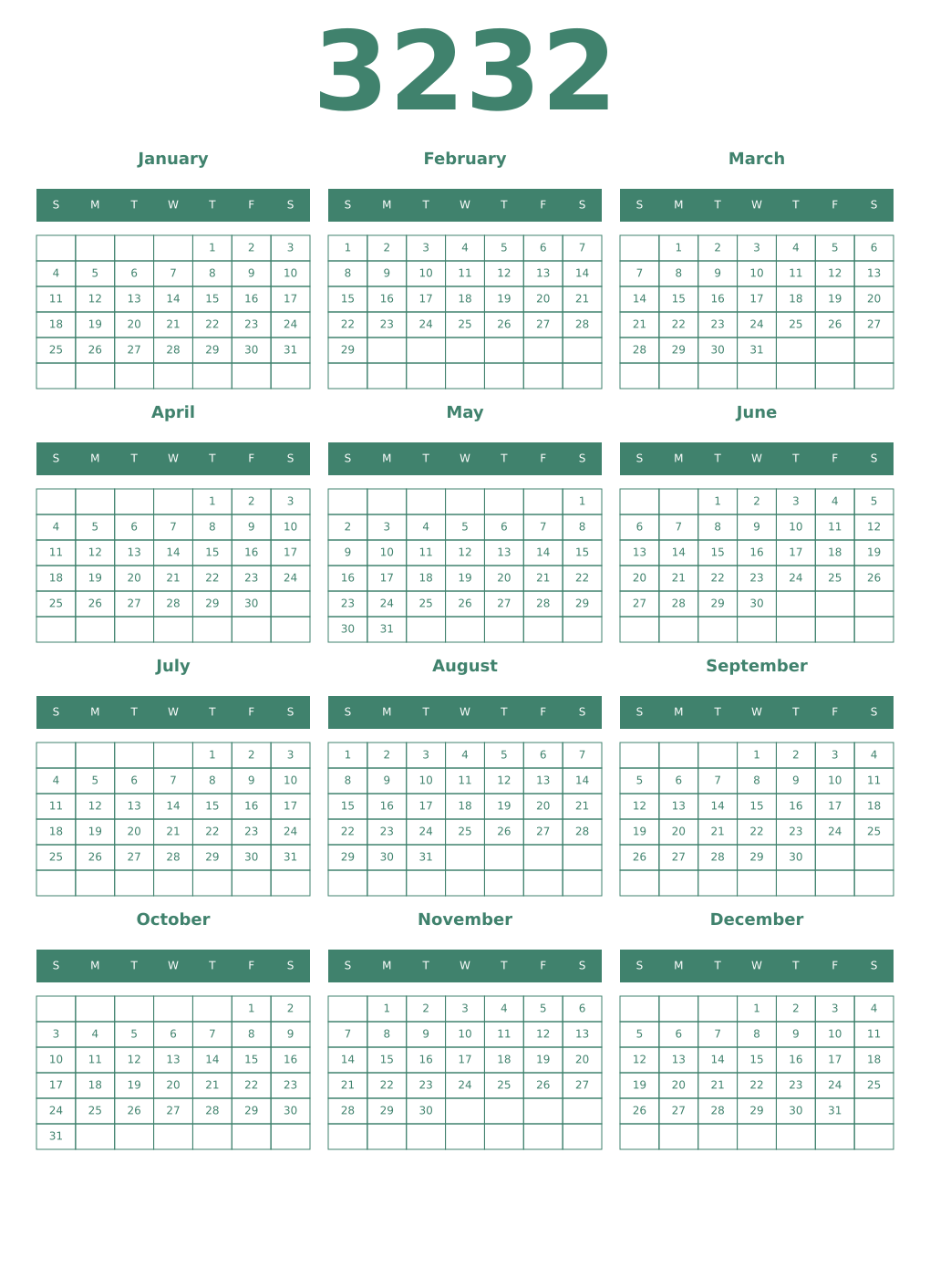 Printable 3232 Year Calendars viridian