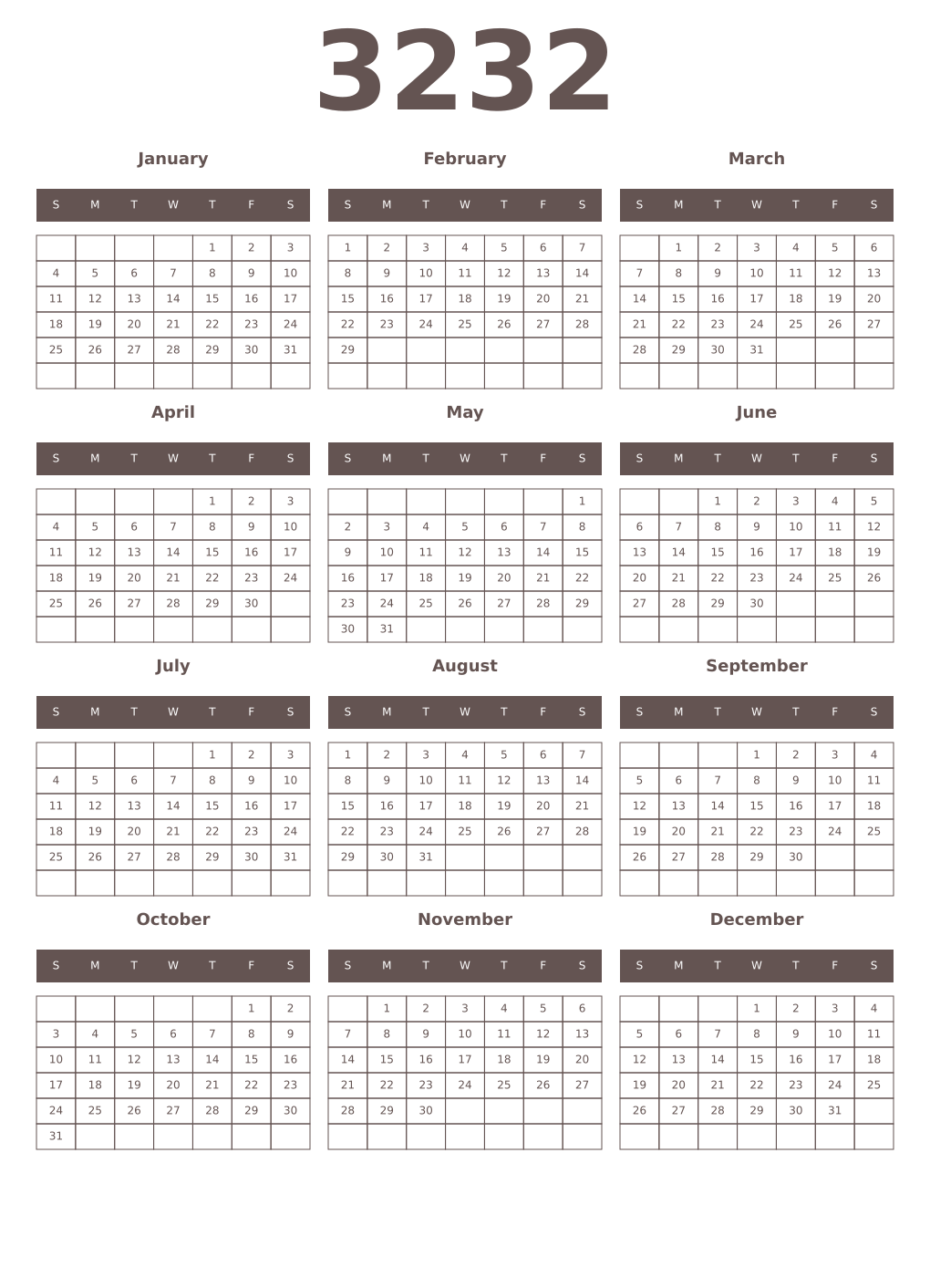 Printable 3232 Year Calendars wenge