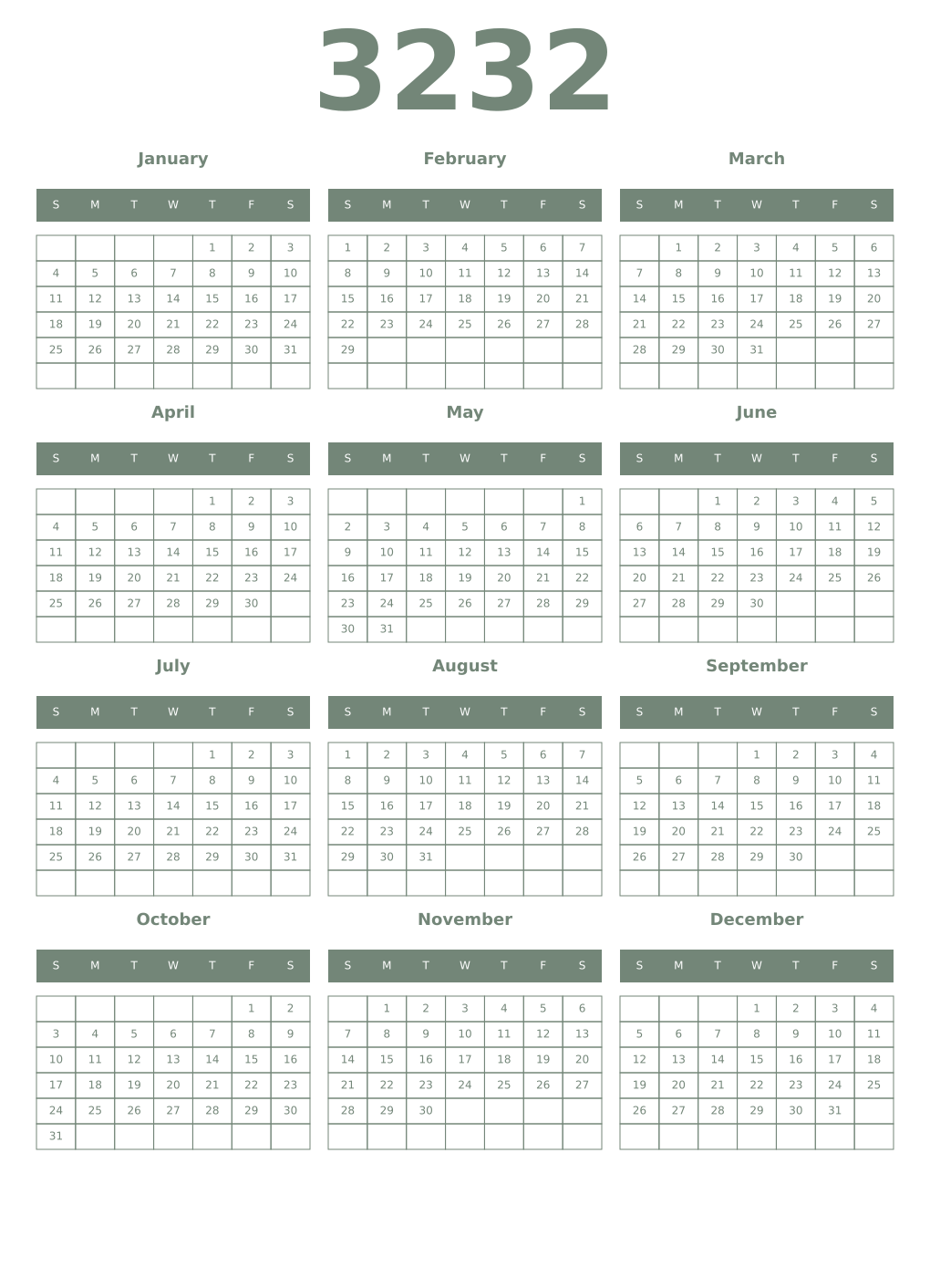 Printable 3232 Year Calendars xanadu
